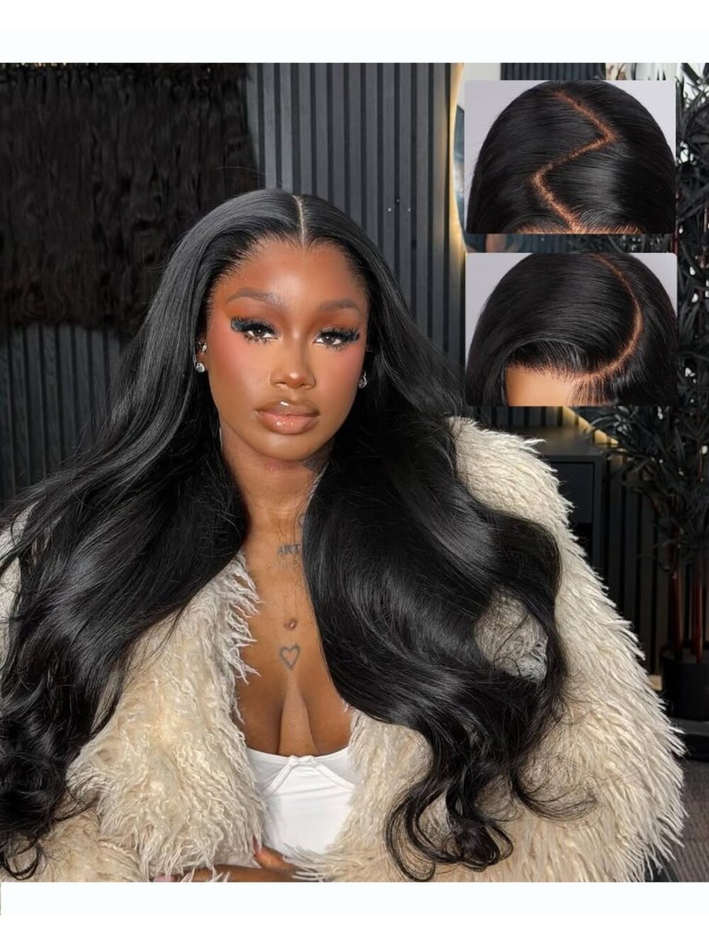 Women's Natural Black 30 Inch Body Wave Lace Front Modern Human Hair Wig Bangs
